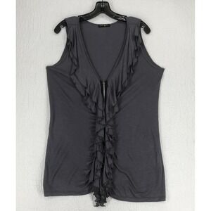 Tammy Mars Blouse Size L Sleeveless Ruffle Front Full Zip Stretch Gray
